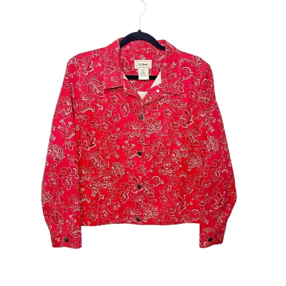 LL Bean Red Paisley Trucker Womens Jacket Denim Shacket Sz M